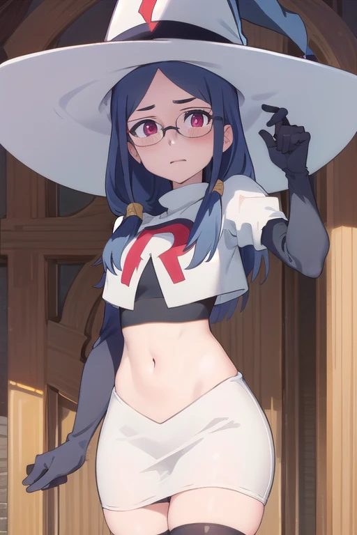 (((pixel-perfect, detail-perfect))), solo, 1girl, ursula callistis, witch, looking at viewer, glasses, team rocket,team rocket uniform,white skirt,red letter R,crop top,black thigh-highs,black elbow gloves, witch hat, cowboy shot,