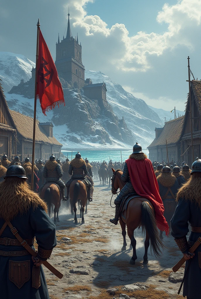 Imagem de um grupo de pessoas com roupas medievais em frente a um castelo, arte do jogo de fantasia medieval, arte conceitual medieval, Abbey Warhammer Batalha, batalha de fantasia medieval, arte conceitual de alta fantasia, Arte conceitual de The Witcher, arte conceitual 4K detalhada, Batalha por Whiterun City, Andreas Rocha e John Howe, Batalha por Whiterun