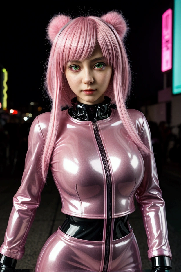 (8K, top-quality, masterpiece:1,2), (reallistic, Photorealsitic:1.37), Super Detail, One girl,), (Highly detailed), (beautifully detailed eyes), (of the highest quality), (super detailed ), (masterpiece), (Detailed face),20yr old, ,1 girl, ((pink hair,long hair)), medium breasts, clothed, Perfect Lighting, BREAK, (tight outfit:1.5), (heroine:1.4), (Japanese tokusatsu:1.3), (vibrant pink:1.5), (high gloss:1.5), (shiny bodysuit:1.4), (short bolero jacket:1.2), (black accents:1), (high neck top:1), (long sleeves:1), (miniskirt:1), (front slit:1), (PVC:1), (belt detail:1), (knee-high boots:1), (gloves:1), (silver symbols:1), (heroic accessories:1), (mask:1), (goggles:1), (wrist cuffs:1), BRAKE, (upper body and knees:1), (flowing hair:1), (ecstatic expression:1.5), (blushing cheeks:1.5), (looking straight:1), (sweat:1.5), (steam:1.2),, (seductive pose:1), (girl trembling with sexual climax:1.1), (touching costume:1), (twisted torso:1.5), (dark gradient background:1), (spotlight lighting:1.1), (glossy costume:1.2), BRAKE