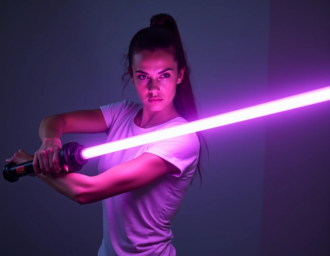 woman in green shorts and purple tank top playing a video game, in an action pose, practising her sword staces, in good physical shape, action shot, leg and hip shot, lunging at camera :4, working out, one legged amputee, the photo shows a large, with light-saber, hip and leg shot, leaked photo