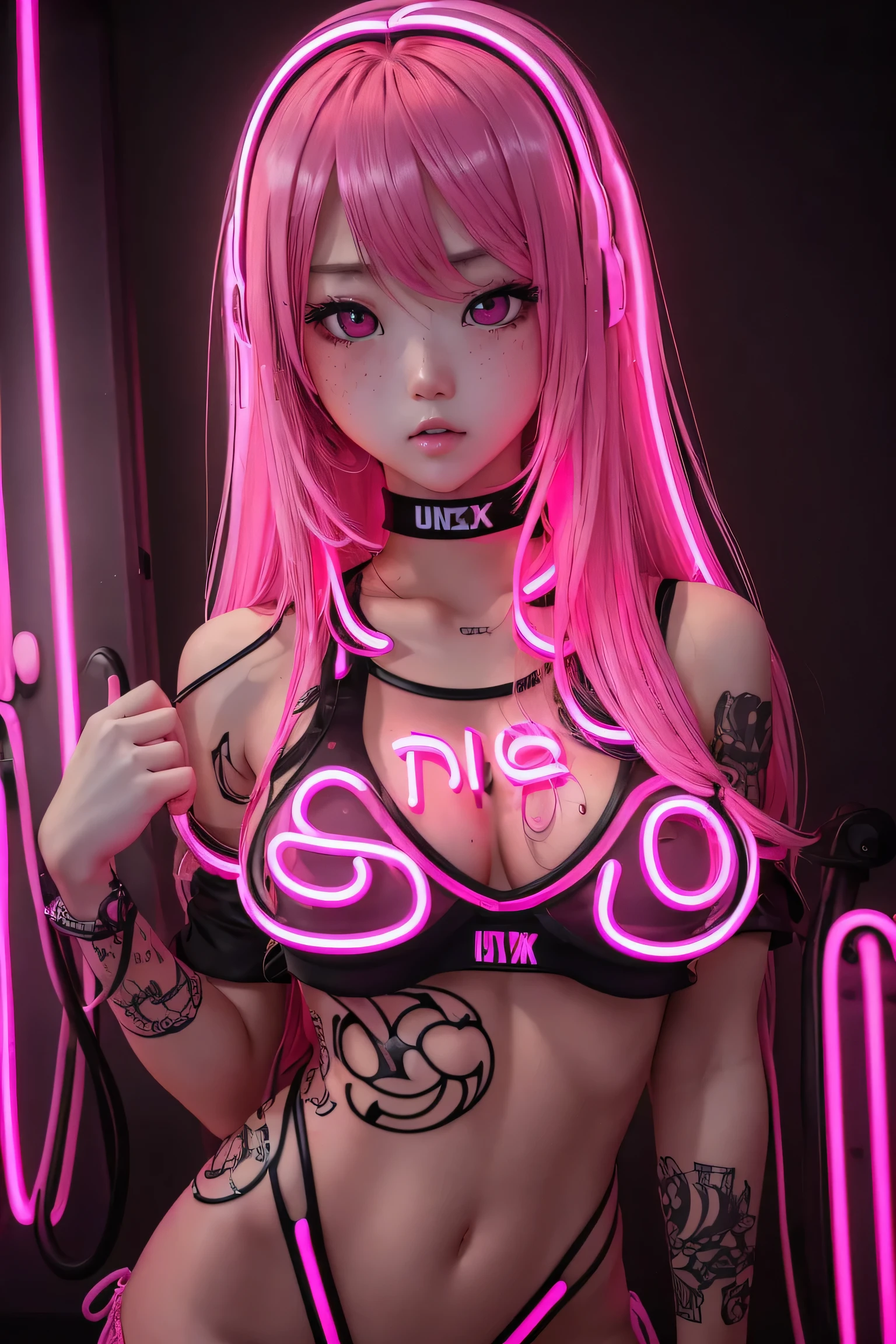 (Masterpiece, best quality, 1 girl, alone, complicated details, Chromatic aberration), realistic, ((Moderate breath)),long hair, pink hair, Red headpiece, Pink Highlights, hair on one eye,purple eyes, earring, sharp eyes, choker, Neon coat, She wears a collar, bangle, and kimono style garters., crop top, (symmetrical eyes),(Perfect symmetrical body),against the wall, Brick wall, (colorful graffiti words on the wall:1.2), The light is dim., alley ,Look at the viewer.、Dig the chest、smile、(sleeveless、Navel touch、Fitted turtleneck.)、street string hot pants、Thin bottom、Please build above the eaves..、Thin shoulders、in underwear、