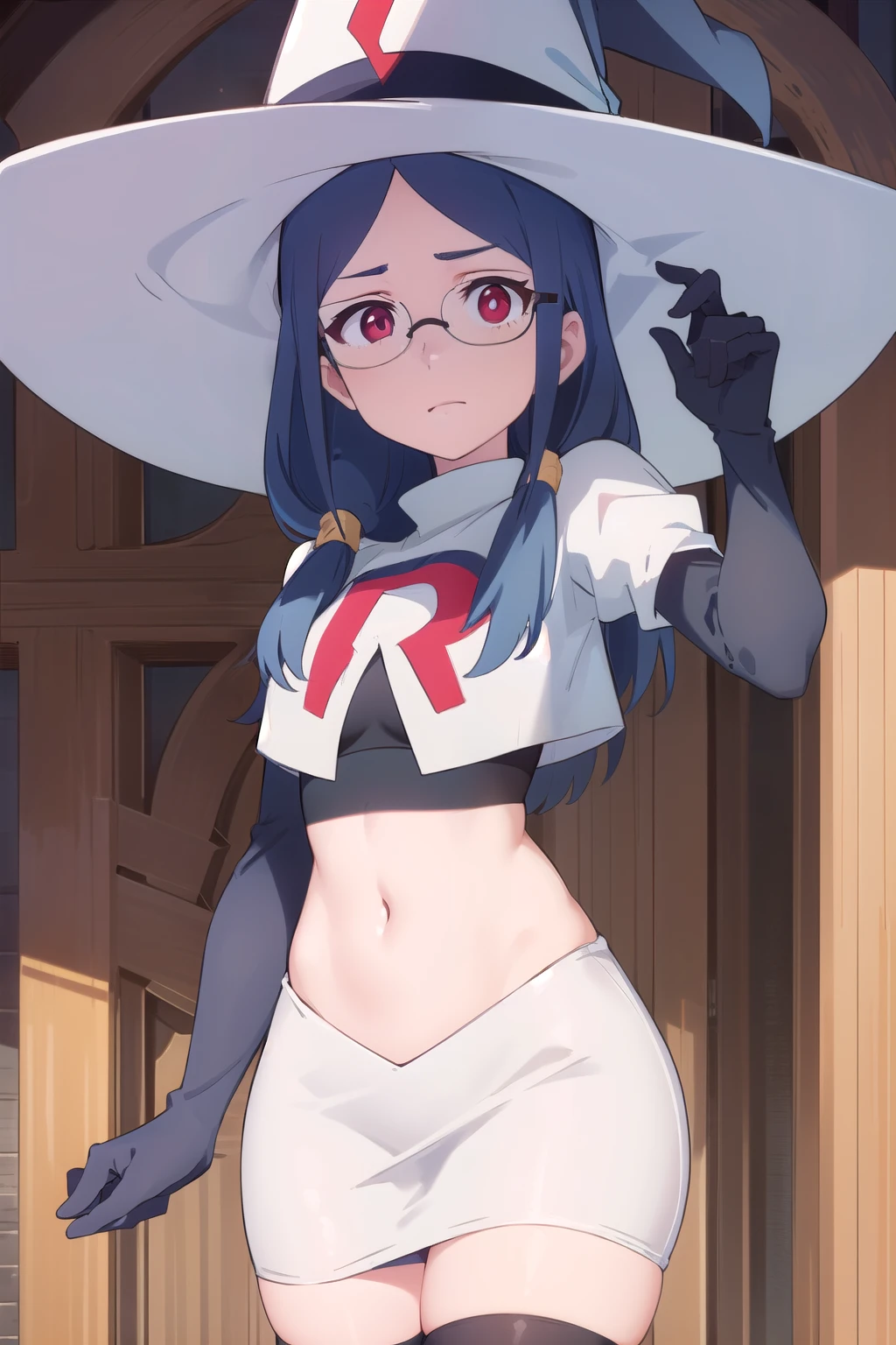 (((pixel-perfect, detail-perfect))), solo, 1girl, ursula callistis, witch, looking at viewer, glasses, team rocket,team rocket uniform,white skirt,red letter R,crop top,black thigh-highs,black elbow gloves, witch hat, cowboy shot,