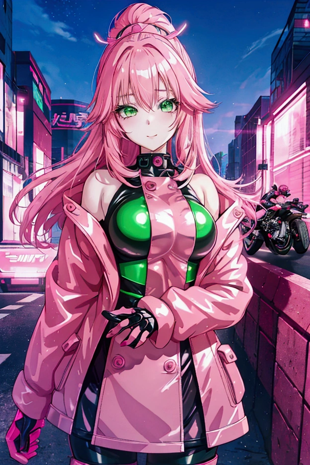  A beautiful young anime woman with pink, fuzzy , shiny, Hair,  green eyes and a cheeky ,  cute face wearing pink ,  futuristic , plastic , shiny Latex Motorbike Anzug, cyber punk style, 4K,  best quality, raytracing, at night ,  best lighting  