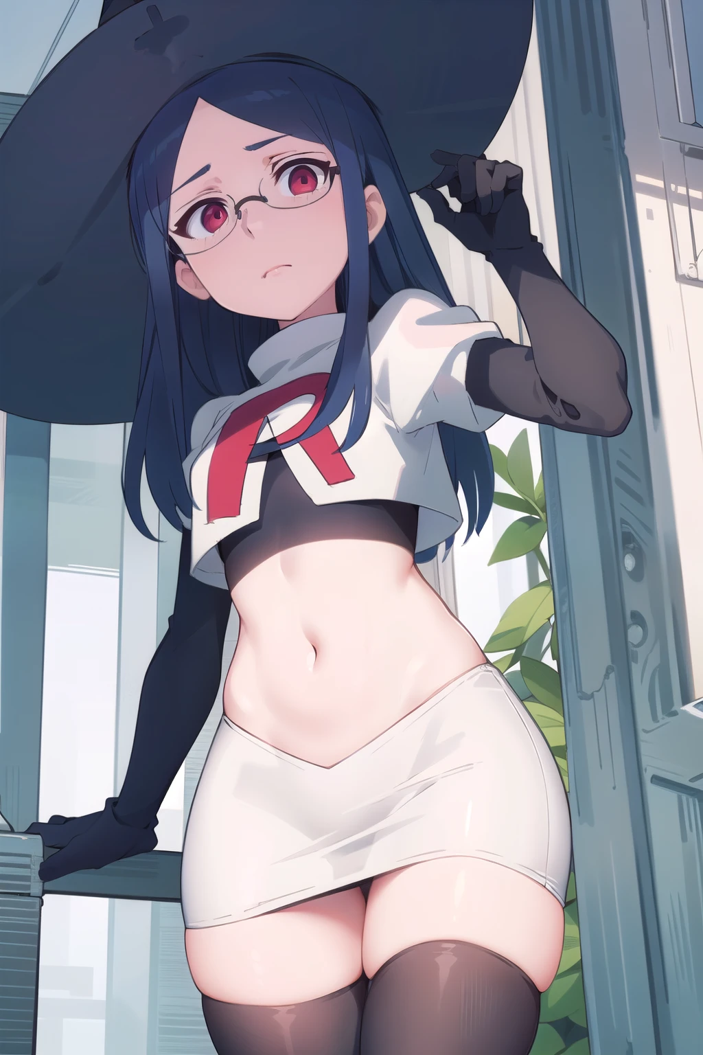 (((pixel-perfect, detail-perfect))), solo, 1girl, ursula callistis, witch, looking at viewer, glasses, team rocket,team rocket uniform,white skirt,red letter R,crop top,black thigh-highs,black elbow gloves, witch hat, cowboy shot,