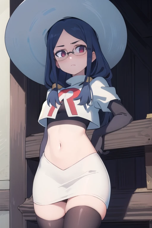 (((pixel-perfect, detail-perfect))), solo, 1girl, ursula callistis, witch, looking at viewer, glasses, team rocket,team rocket uniform,white skirt,red letter R,crop top,black thigh-highs,black elbow gloves, witch hat, cowboy shot,