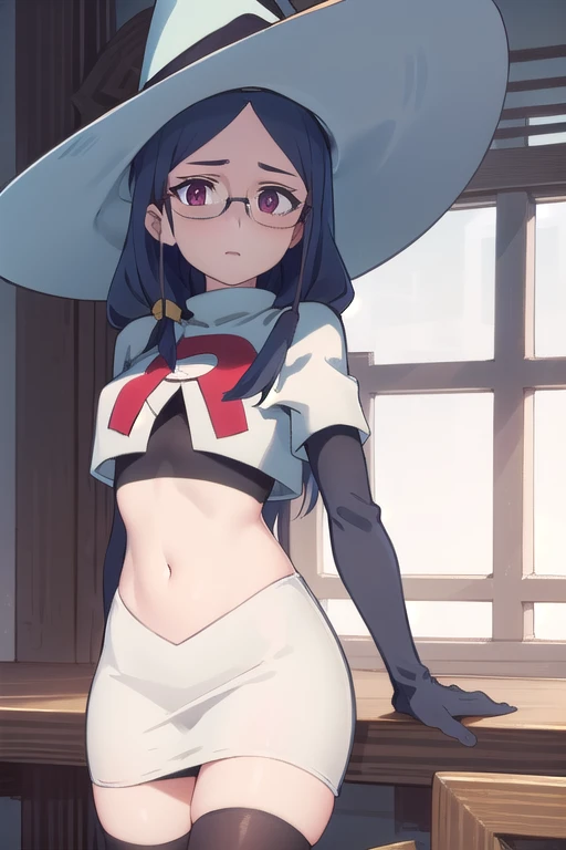 (((pixel-perfect, detail-perfect))), solo, 1girl, ursula callistis, witch, looking at viewer, glasses, team rocket,team rocket uniform,white skirt,red letter R,crop top,black thigh-highs,black elbow gloves, witch hat, cowboy shot,