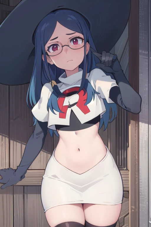 (((pixel-perfect, detail-perfect))), solo, 1girl, ursula callistis, witch, looking at viewer, glasses, team rocket,team rocket uniform,white skirt,red letter R,crop top,black thigh-highs,black elbow gloves, witch hat, cowboy shot,