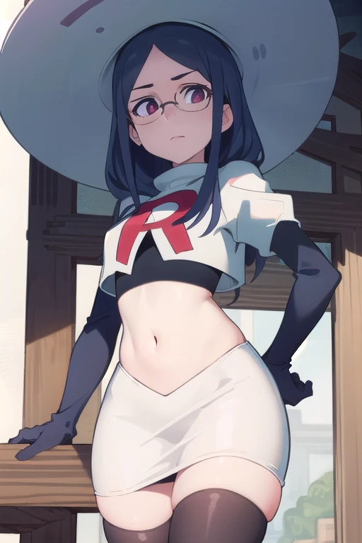 (((pixel-perfect, detail-perfect))), solo, 1girl, ursula callistis, witch, looking at viewer, glasses, team rocket,team rocket uniform,white skirt,red letter R,crop top,black thigh-highs,black elbow gloves, witch hat, cowboy shot,