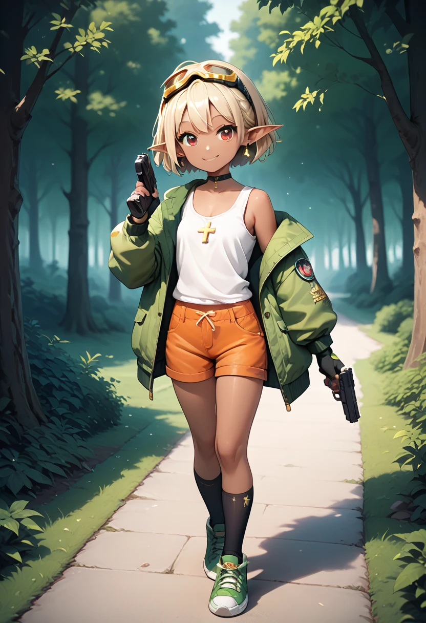 1girl, solo, masterpiece, best quality, (anime art style:1.0), 2d, dynamic shadows, masterpiece, best quality, (anime art style:1.0), 2d, dynamic shadows, atmosferic, black and yellow goggles on her head, smiling happily, short messy white hair, elf ears, very dark skin, white tank top, orange shorts, black nylon socks, green sneakers, fingerless black gloves, tan jacket, green eyes, holding a pistol, standing in a forest at night time, cute girl, red eyes, cross earrings, black choker