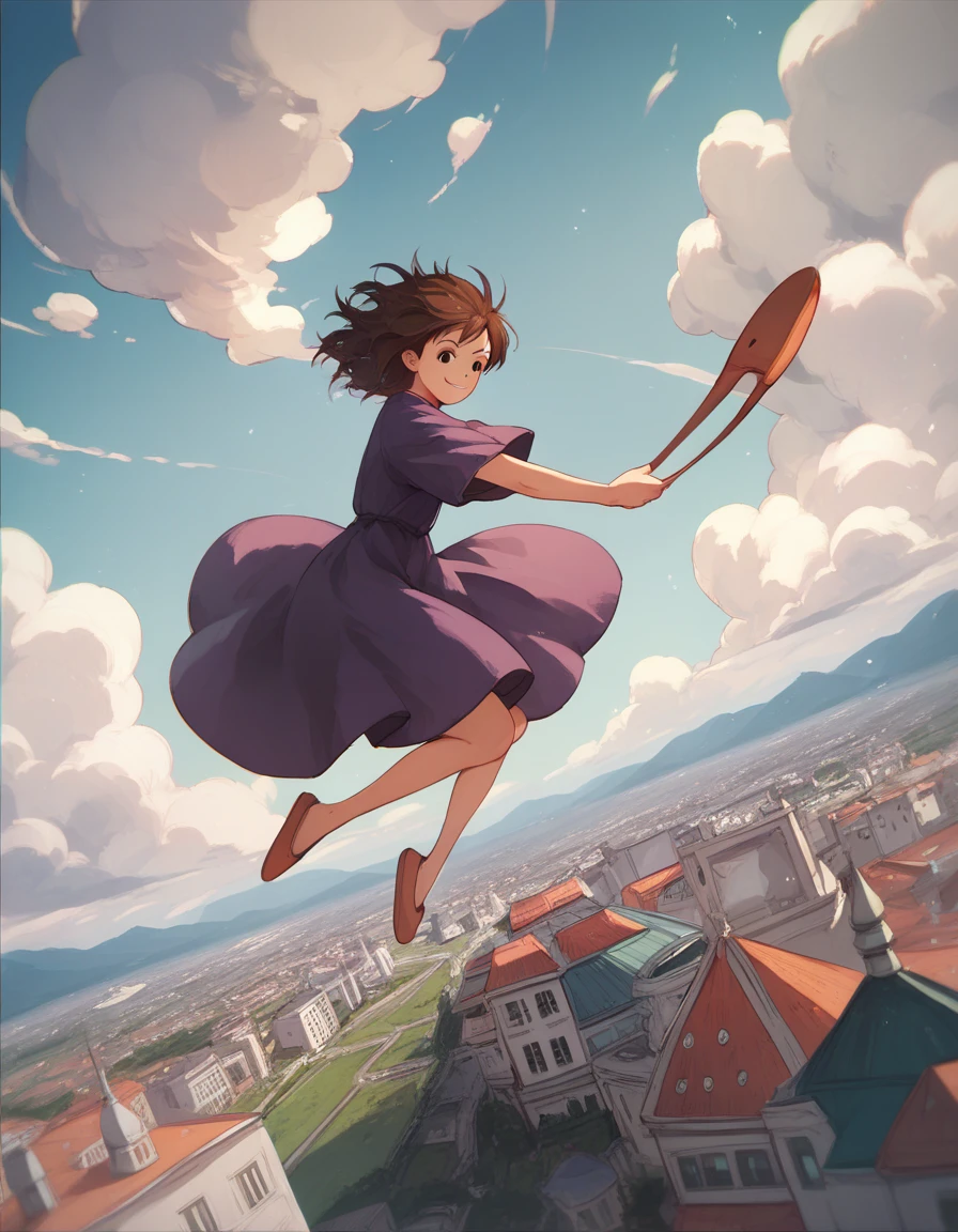 Kiki,  Black Eyes,  brown hair , purple dress, smile, vassoura, flying,  Japanese shoe, clouds, City in Baixo ,  best quality  