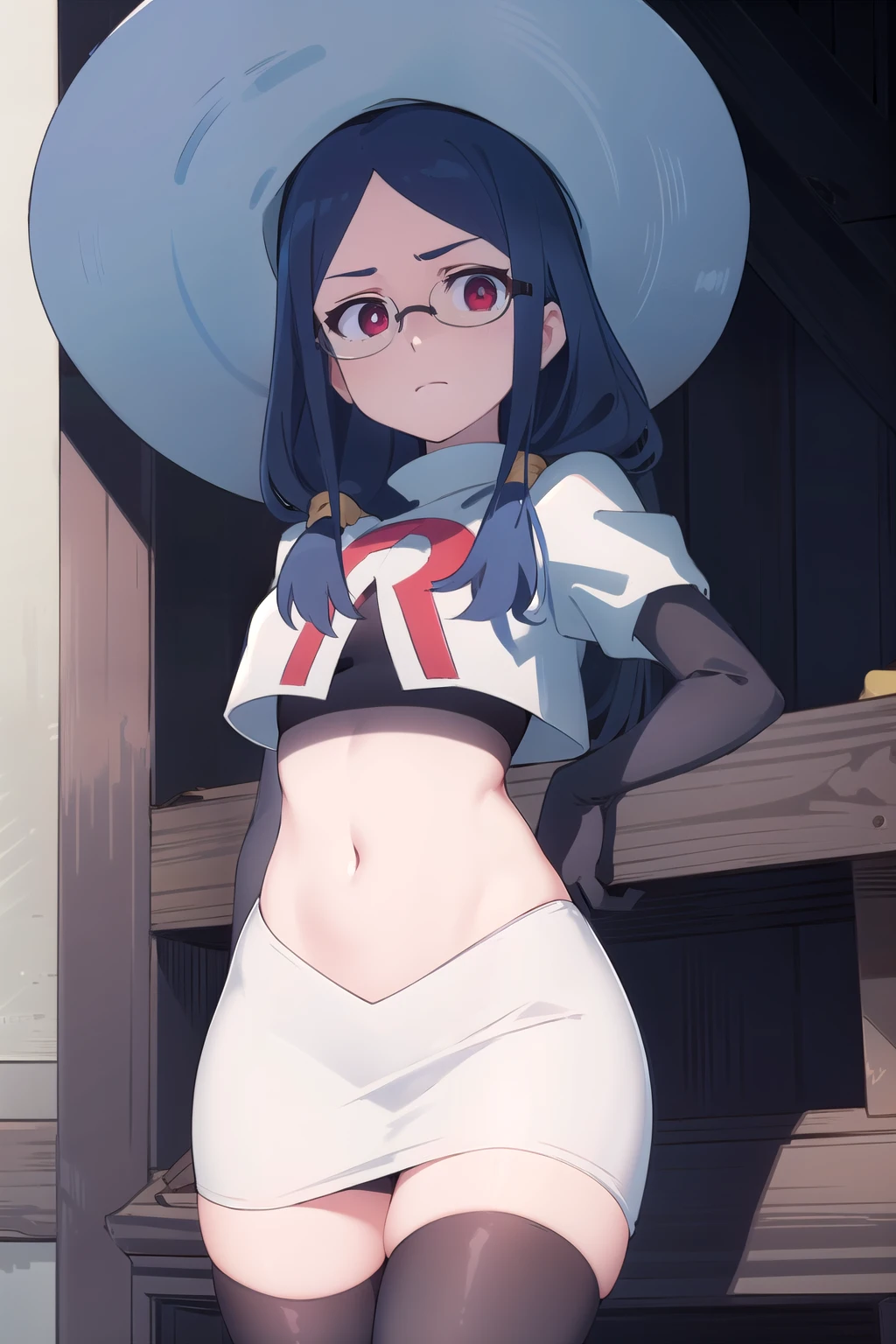 (((pixel-perfect, detail-perfect))), solo, 1girl, ursula callistis, witch, looking at viewer, glasses, team rocket,team rocket uniform,white skirt,red letter R,crop top,black thigh-highs,black elbow gloves, witch hat, cowboy shot,