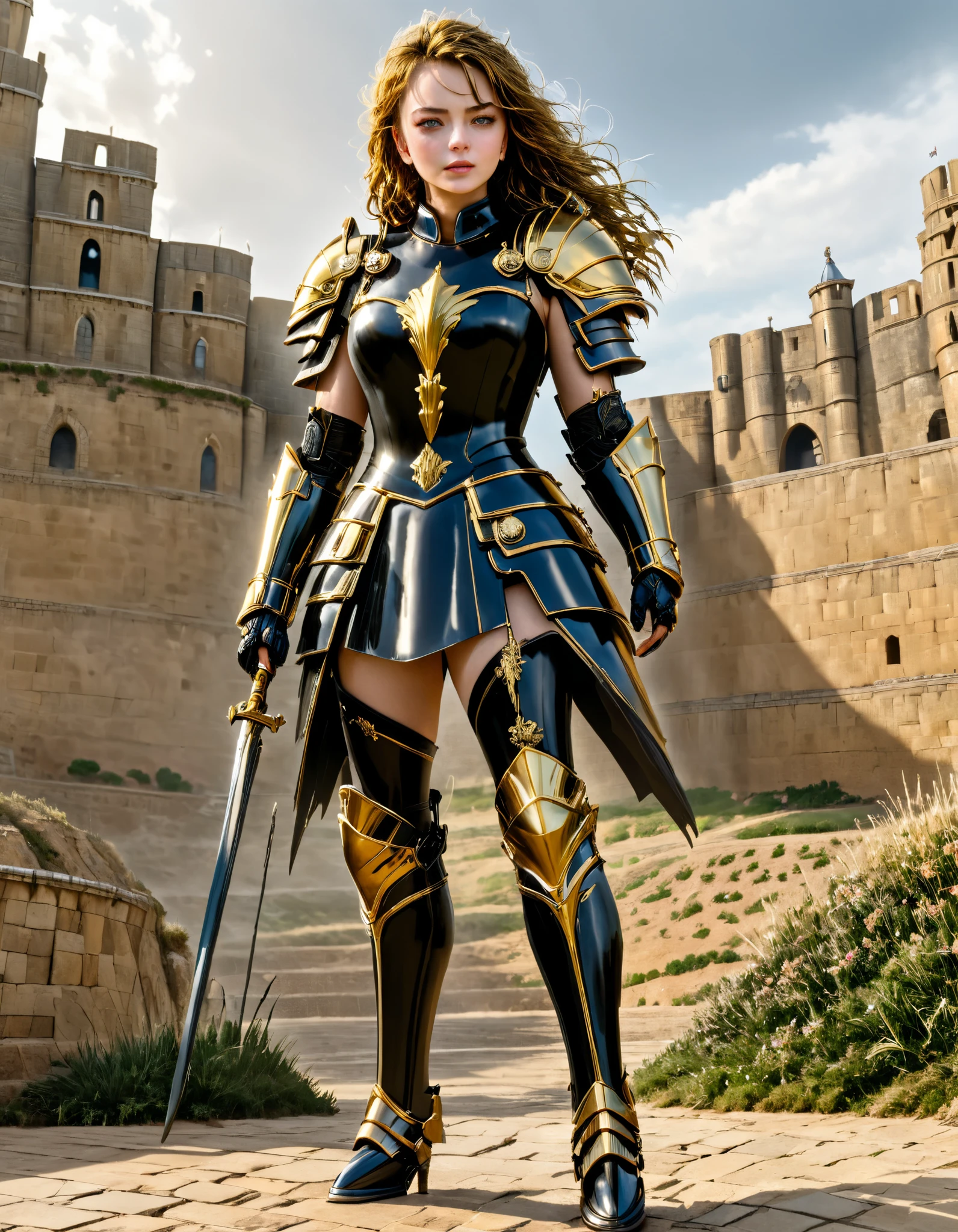 A cinematic, high-resolution shot of Emma Stone as female knight in a metallic two-piece black-gold armor set, with battle scars and a confident, pose. She is standing at the entrance of an ancient fortress. The wind is blowing her hair. She is looking at the viewer. The shot has an ultra HD resolution, an aspect ratio of 9:16, and a raw style.