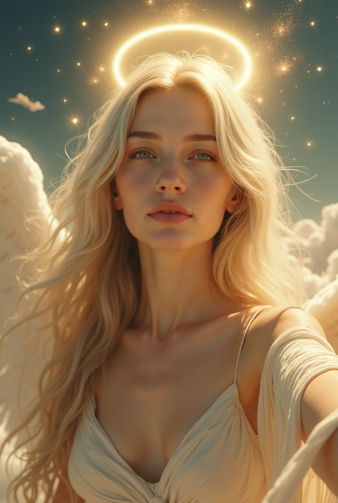 us ethe image in the picture maintaining her facial structure and change the background to heavenly with angels surrounding her ...Maintain her face but change her clothes to white