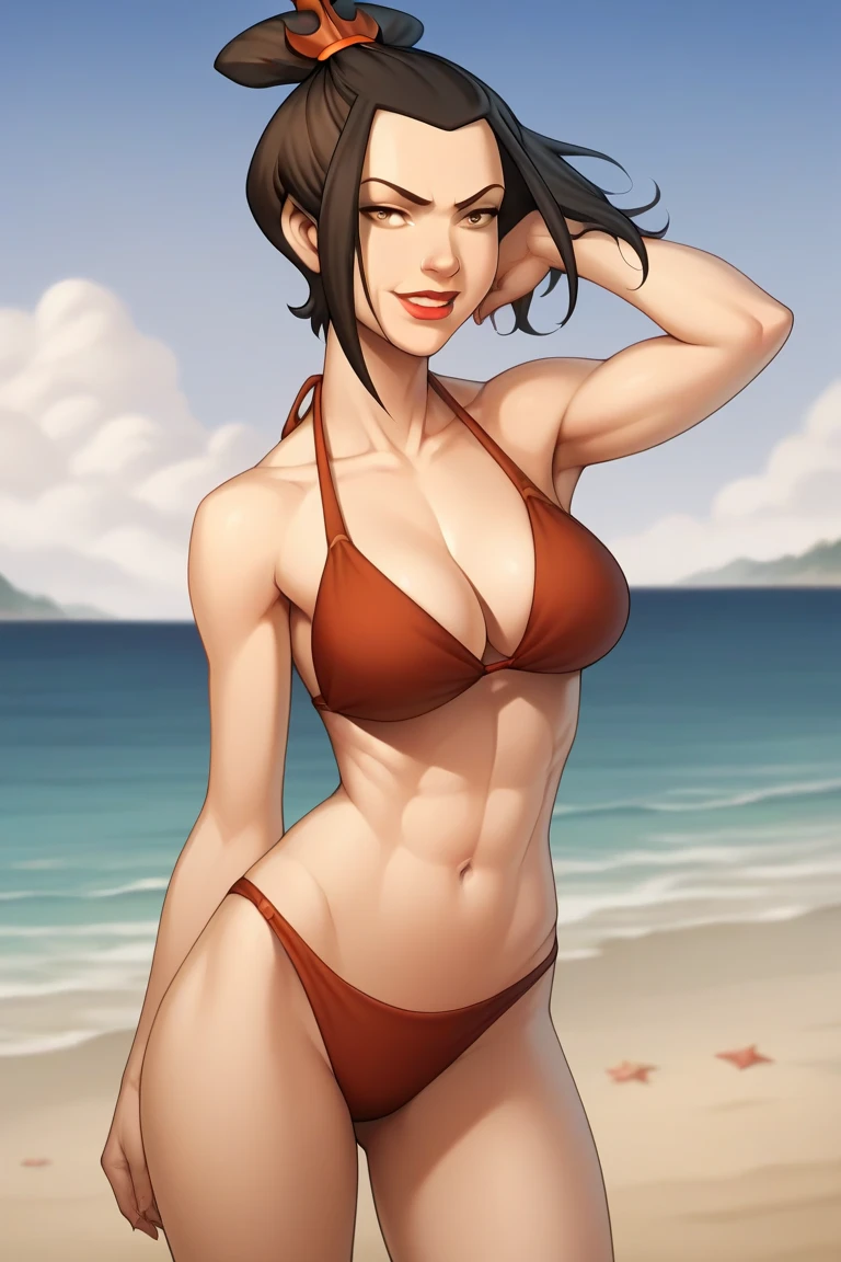   masterpiece,   The best quality ,  a girl, Azula, make-up,  pronounced neckline ,  big cleavage , defined abdomen, (bikini ),   lipstick  ,loose hair, loose hair y no tan largo,ironic smile ,   looking at the spectator ,  sexy and beautiful legs ,  pose sexy,   Simple background,   on the beach at night   