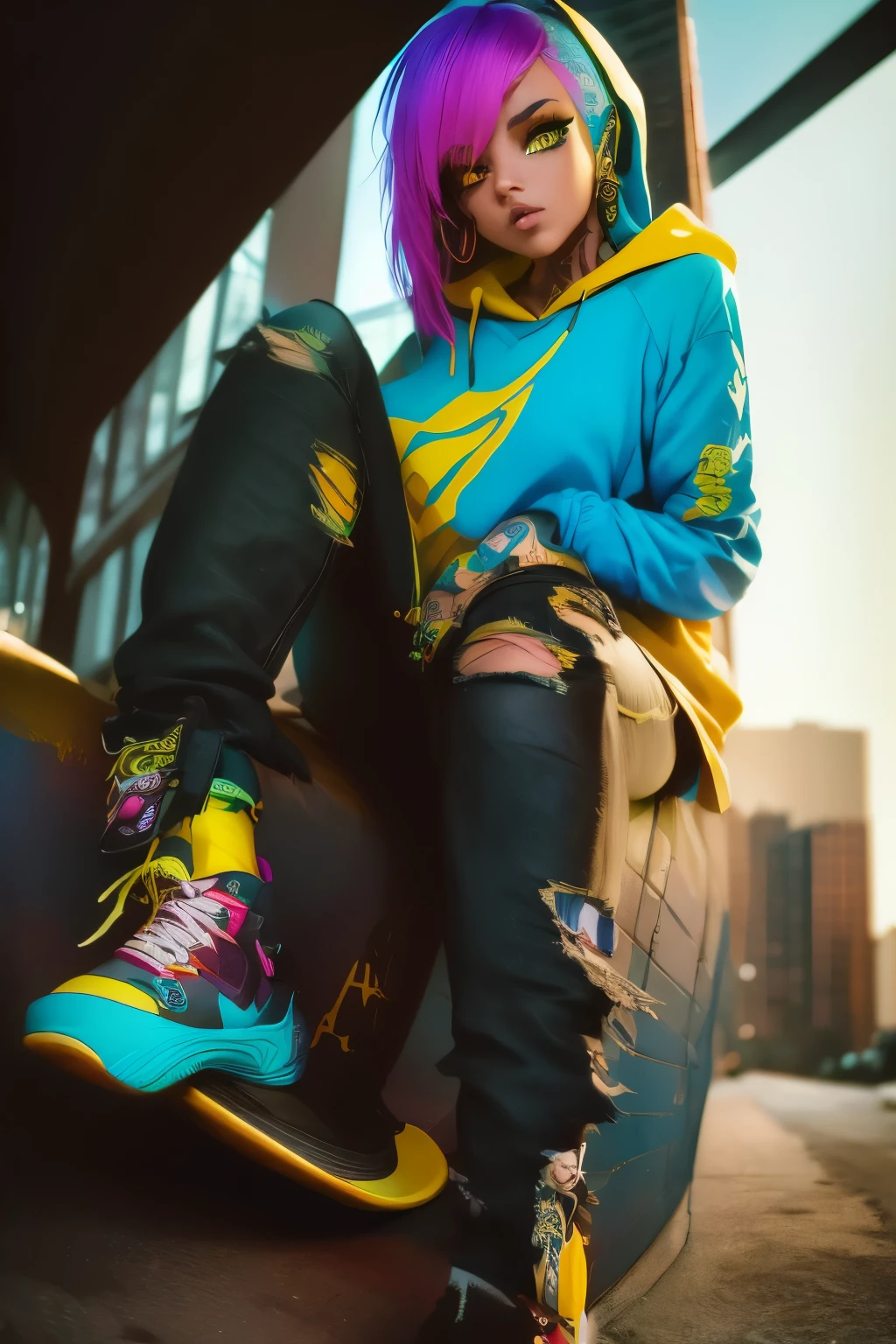 The most beautiful and sexy skateboard girl, rainbow colored hair, yellow eyes, wearing hoodie, graphic t-shirt, torn skinny jeans and highly detailed skateboard gear, tons of tattoos and piercings, highly detailed background, perfect masterpiece, high quality, high resolution