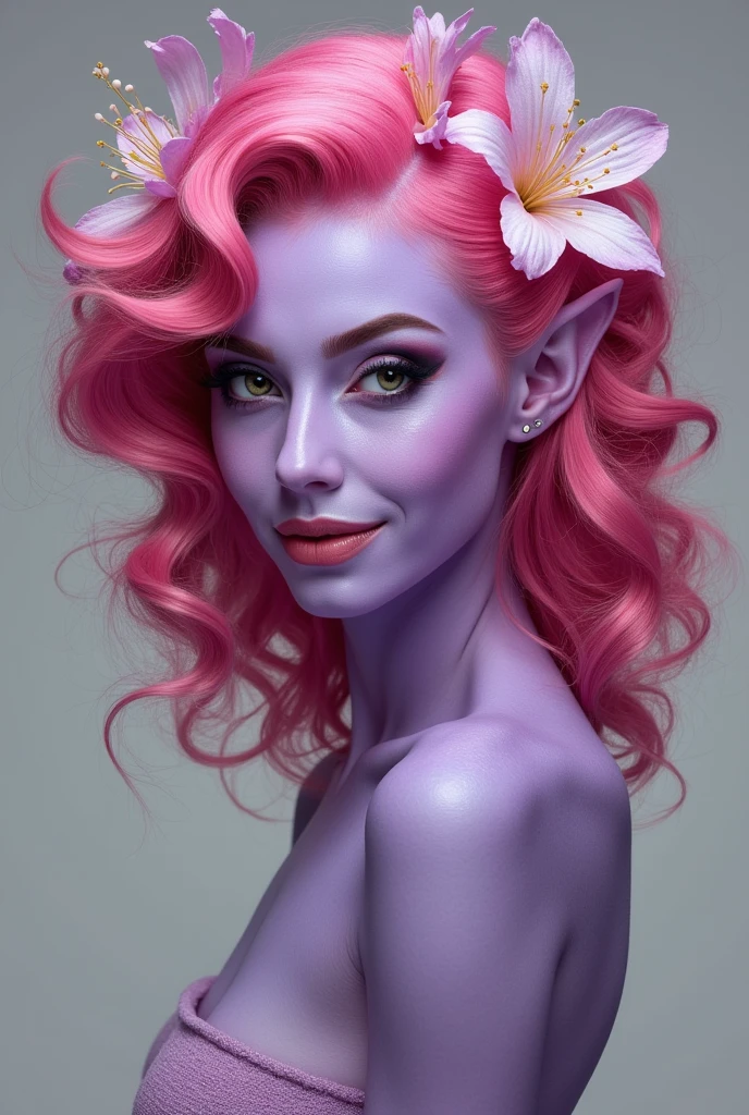 Semirealistic Fantasy illustration of a character portrait of a purple skinned nymph elf. She has a big hair of pink hair with flowers in her hair. She has dilated green pupils. She is not wearing makeup, jewelry or lipstick. She has thick eyebrows. The illustration is focused on her face on a simple gray background. winkingeye, smile, closed mouth, big hair, winking