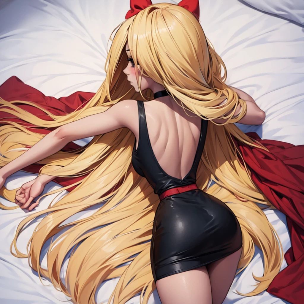 1girl, ass, solo, on_stomach, lying, from_behind, thighs, black pencil skirt, facing_away, bare_shoulders, back, choker, white_background, bed_sheet, blonde_hair, tank_top,