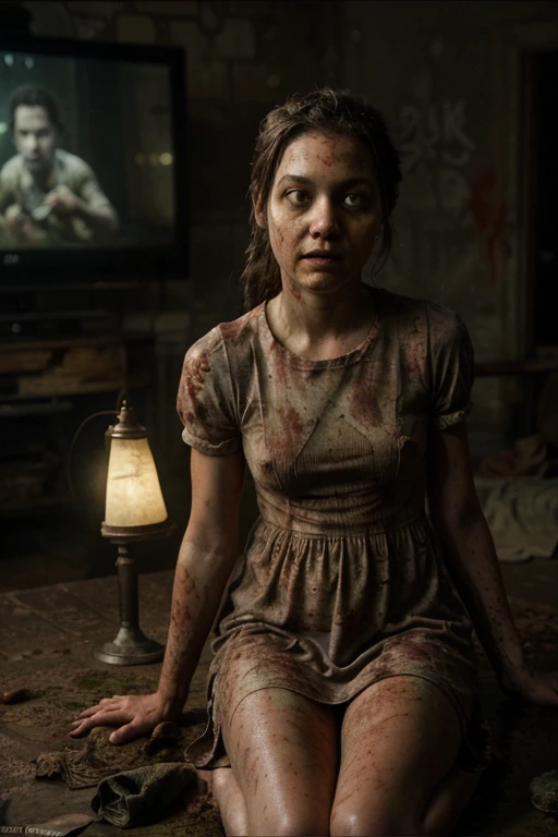 1 girl, lilsis, dirty, blood, muddy dress, black hair, dress, horror, (theme), alone, yellow eyes, dark, yellow sclera, glowing eyes, sinister, brightly lit background, explicit warning, (barefoot, enjoying), nsfw. The wall behind the table is light brown and there is a big screen on the right side, (cinematic framing, realistic: 1.3, highly detailed, high-budget, cinemascope, gloomy, epic, beautiful, film grain, grainy, masterpiece, best quality, perfect anatomy, very aesthetic, official art, 8k, photography on 35mm film), looking at viewers