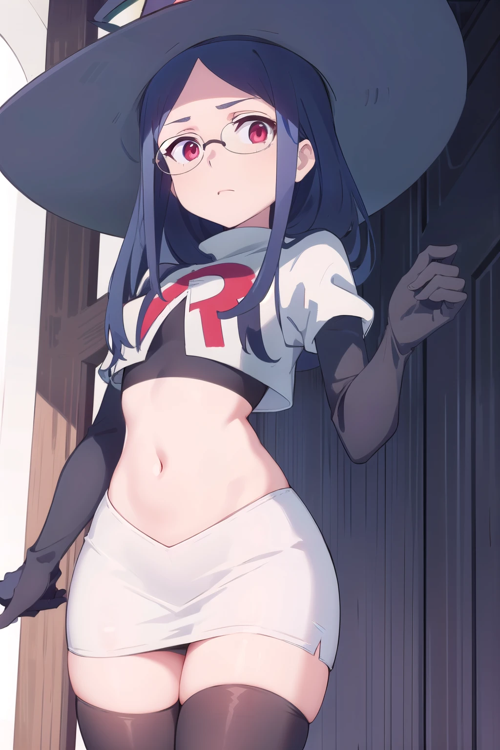 (((pixel-perfect, detail-perfect))), solo, 1girl, ursula callistis, witch, looking at viewer, glasses, team rocket,team rocket uniform,white skirt,red letter R,crop top,black thigh-highs,black elbow gloves, witch hat, cowboy shot,