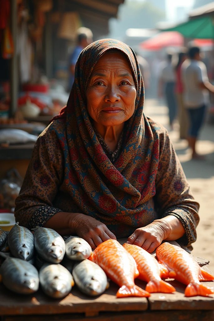 A fat hijab woman eat Cambodia sausage