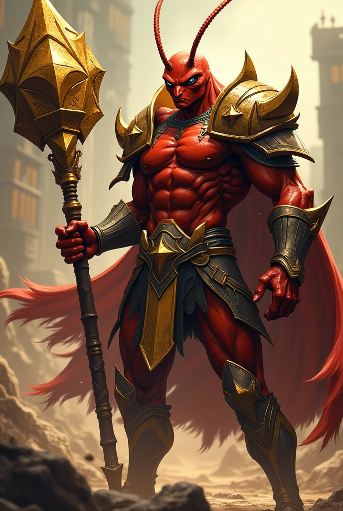 Red body,Blue hood,Slender and huge muscles,armor,Ready your spear,bulging muscles,Evil atmosphere,Huge erect penis,Highest quality,Meticulously detailed,masterpiece,Award-winning works,Devil's Wings