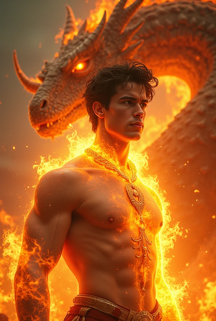 A male human figure who personifying the tarot of the Judgement, dressed in glowing orange scarlet, vermillion, scarlet flecked gold and vermillion flecked gold and emerald, perpetual intelligence, The Spirit of the Primal Fire, Fire, Caza art, digital art