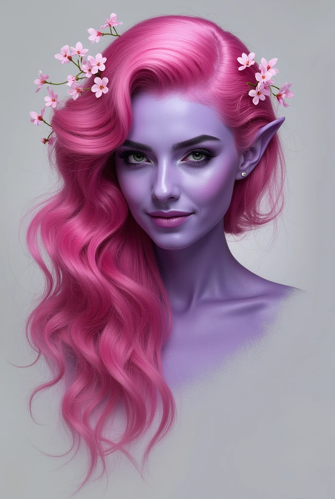 Semirealistic Fantasy illustration of a character portrait of a purple skinned nymph elf. She has a big hair of pink hair with flowers in her hair. She has dilated green pupils. She is not wearing makeup, jewelry or lipstick. She has thick eyebrows. The illustration is focused on her face on a simple gray background. winkingeye, smile, closed mouth, big hair, winking, one eye closed