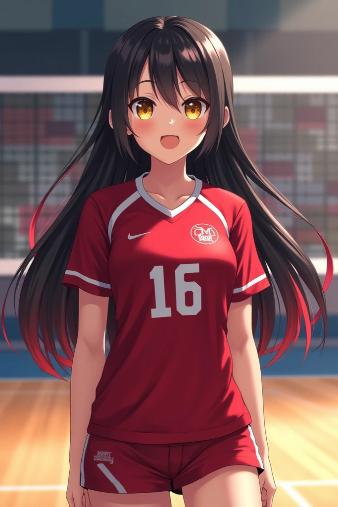 A beautiful young girl in a volleyball uniform, long flowing hair, big bright eyes, cute smile, athletic posture, outdoor volleyball court background, natural sunlight, vibrant colors, highly detailed, photorealistic, cinematic lighting, 8k, best quality, masterpiece
