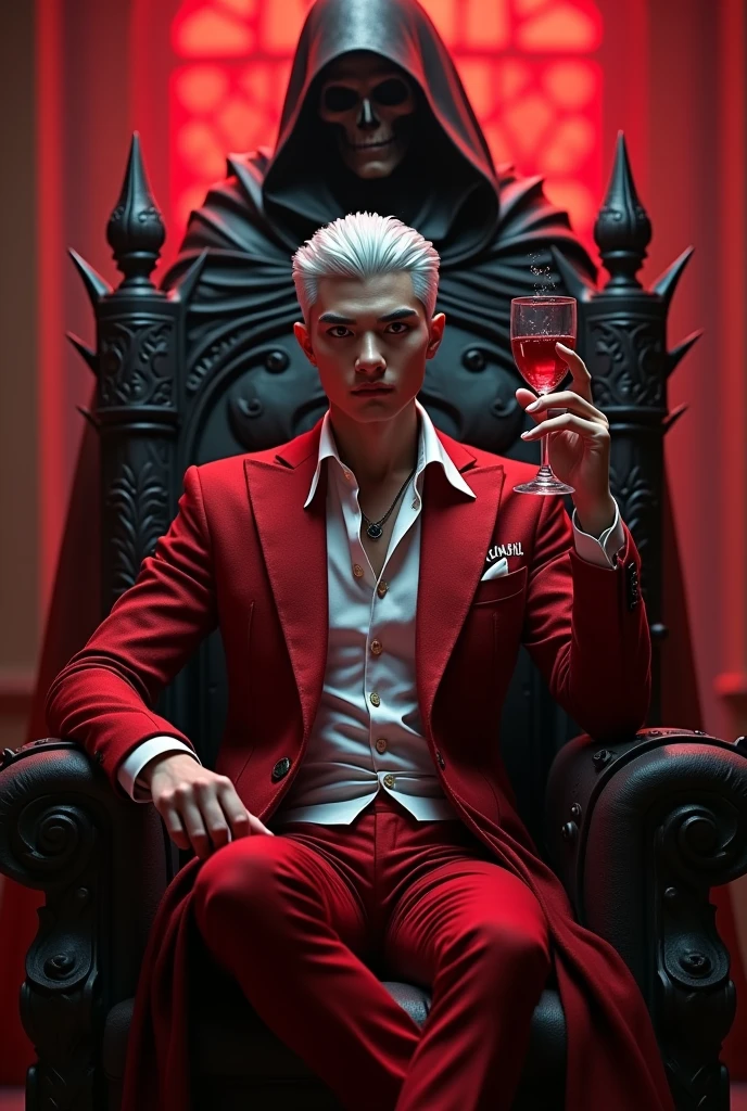  Jungkook sitting on a throne of bloody skulls, his hair is white and short, and he is drinking red juice, and he has tattoos on his hands.