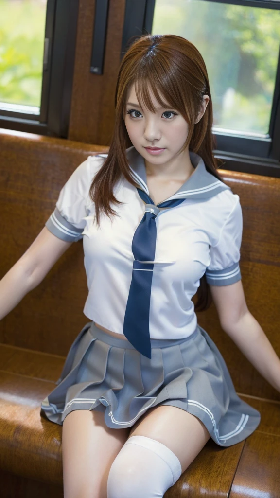 (8k), ( best quality: 1.2), (Realistic), (Realistic: 1.37),  ultra high resolution,  1 girl, cute,  Serious Face ,  closed mouth,  beautiful details , Beautiful Nose, Beautiful Hair,  pork, Thighs，Self snap, school uniform,Riding a train in Tokyo, simple blazer Pleated Skirts,(the skirt and tie:1.3),Cross-legged, the above,(Close up on thighs),(Shiny thighs),(Uniquely designed knee-high socks  :1.2)、Knee-high、 sitting with legs open 、 very thin 、Super Real Photo、 best quality,  Ultra High Definition,  textured skin,  best quality,  anatomically correct,  8k octane,  portrait photography,  movie light effect that won't light up, 、 random hairstyle、 low angle、short uniform 、(( anatomically correct))、Leg spread、 sitting with legs open 、Sit with your knees up、 Panchira 、Cinematography,  super detailed portrait photography,  movie light effect that won't light up, masterpiece,  anatomically correct,  very detailed ,  textured skin, 