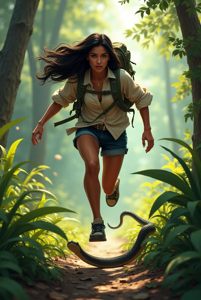 A woman with wavy black hair with a backpack on her back on a forest trail jumping over a snake