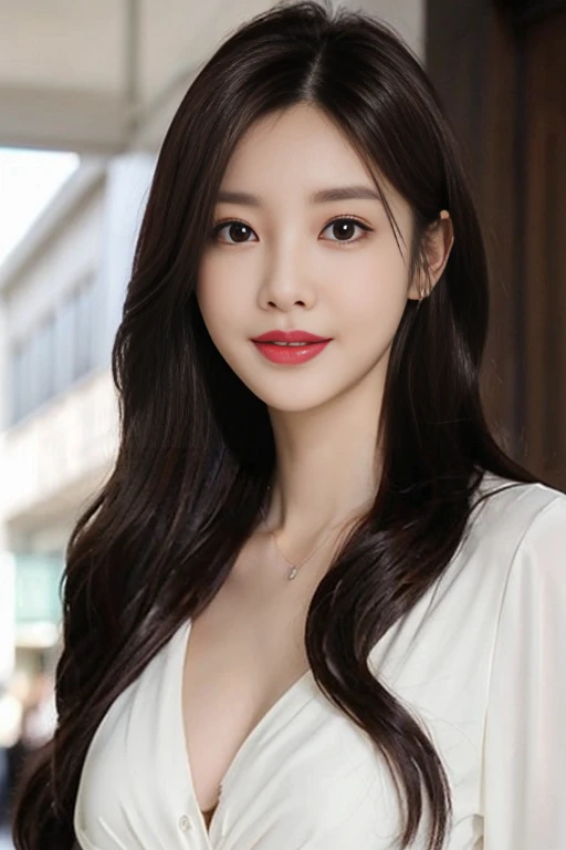 (top-quality、8k、​masterpiece:1.3))、1girl in、a smile、Slim Faces、Pretty women、(dark blue hair)、Full-length dresses:1.1、hyperdetailed face、A detailed eye、二重まぶた、blured background、Slim Faces、城市、takeout、a street、Korean female、Curly hair、layers-Cut、Long