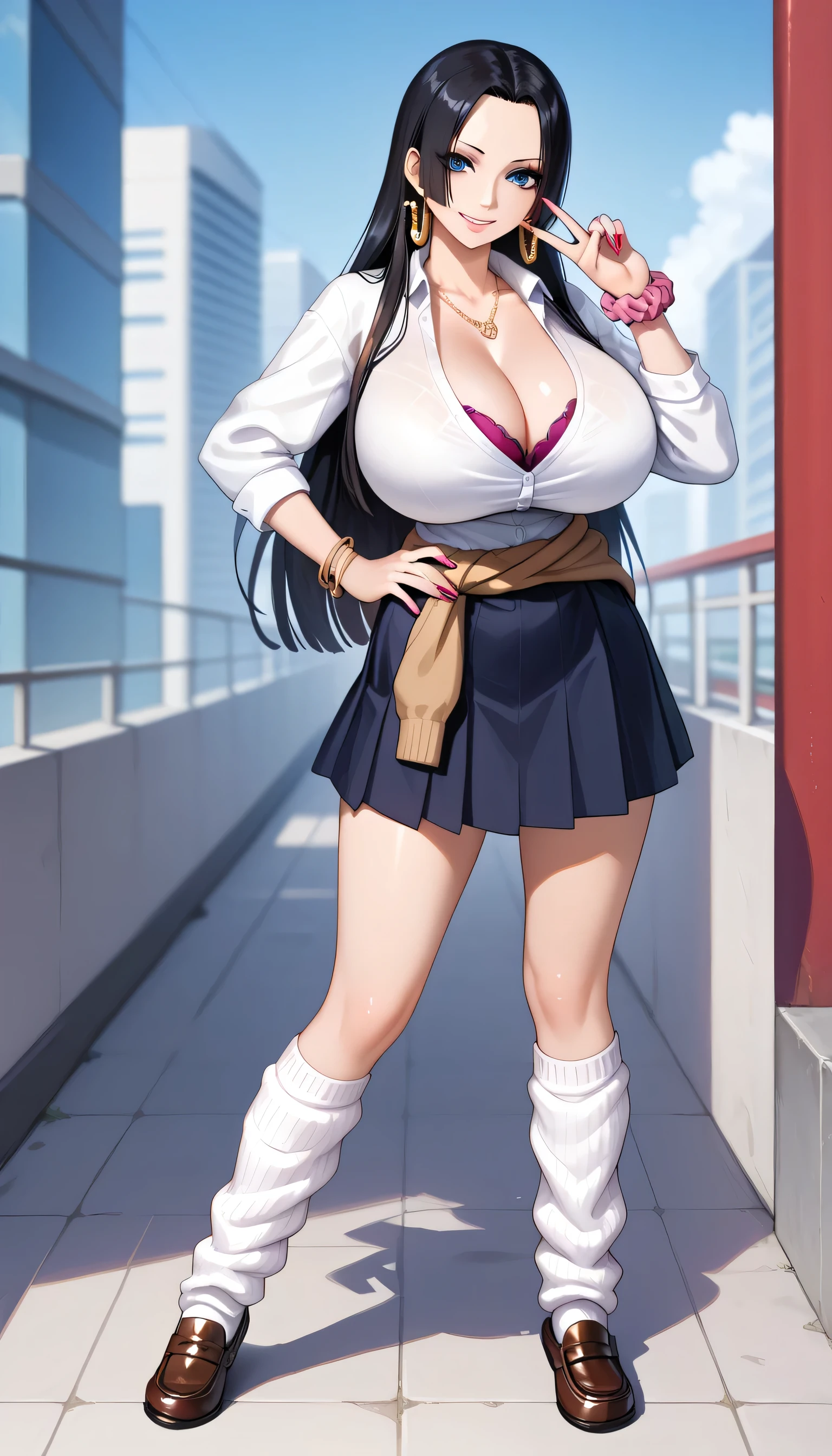 , Boa Hancock, Black Hair, blue eyes, Long Hair, forehead, huge Breasts, gyaru, 1girl, kogal, loose_socks, solo, jewelry, clothes_around_waist, breasts, wrist_scrunchie, sweater_around_waist, skirt, full_body, large_breasts, necklace, school_uniform, smile, looking_at_viewer, cleavage, scrunchie, socks, hand_on_hip, earrings, bracelet, shoes, loafers, v, nail_polish, sweater, black_skirt, 