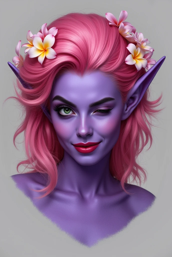 One eye closed, wink, Semirealistic Fantasy illustration of a character portrait of a purple skinned nymph elf. She has a big hair of pink hair with flowers in her hair. She has dilated green pupils. She is not wearing makeup, jewelry or lipstick. She has thick eyebrows. The illustration is focused on her face on a simple gray background. winkingeye, smile, closed mouth, big hair, winking, one eye closed