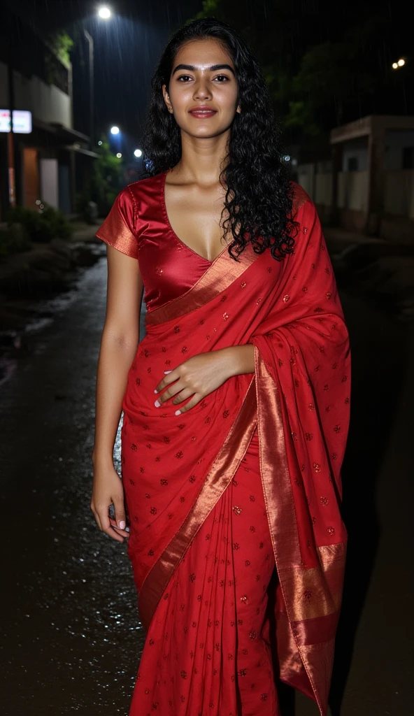 ,Busty fair skinned  woman  in a rain  and getting herself drenched from the rain water in the middle of a night road,she is wearing red sequin silk shiny saree on a shiny red satin u neck short sleeve blouse,fully wet drenched body and clothes,wet long hair, glossy poutlips, cleavage cut line,Large breasts, Accurate, Long Hair, Makeup, Embarrassed, rainy indian slum background,wet clothes,wet hair,wet body , tight saree, tight fit blouse, wet saree,wet breasts, spot light focusing on herLooking at viewer, 