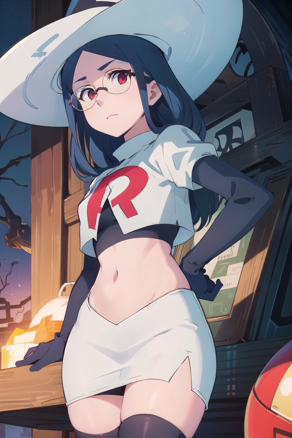 (((pixel-perfect, detail-perfect))), solo, 1girl, ursula callistis, witch, looking at viewer, glasses, team rocket,team rocket uniform,white skirt,red letter R,crop top,black thigh-highs,black elbow gloves, witch hat, cowboy shot,