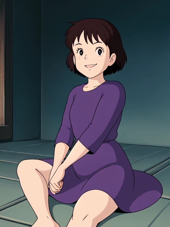 Kiki,1 ,Alone,(Tune:1.5),Tune waist, 24 years old, lying down,  Looking at the viewer, smile, blink, purple dress, Retro style, Ghibli,  thick thighs , barefoot, whole body, HEAD ON,  Open Legs 