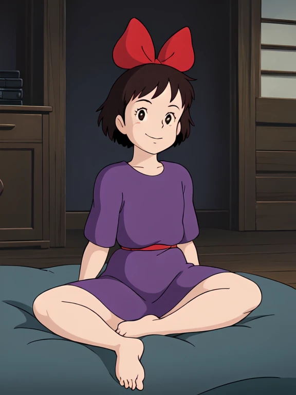 Kiki,1 ,Alone,(Tune:1.5),Tune waist, 24 years old, lying down,  Looking at the viewer, smile, blink, purple dress, Retro style, Ghibli,  thick thighs , barefoot, whole body, HEAD ON,  Open Legs 