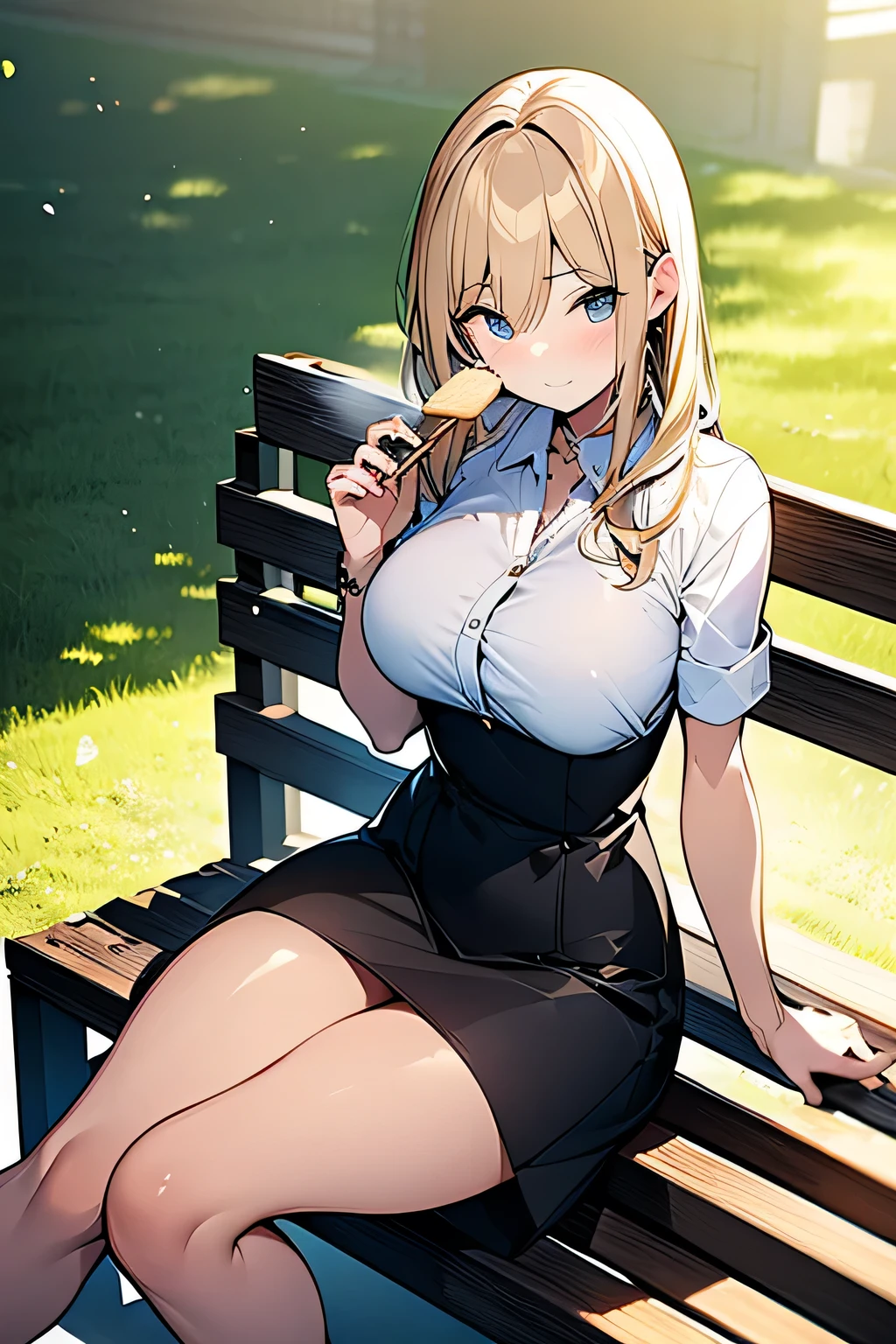 score_9, score_8_up, score_7_up,score_6_up, score_5_up, highly detailed, lighting and shadowing, light and shadow, high res, 1girl, mineva lao zabi, gundam , opaque white shirt with tie, black (tight skirt:1.2), black thigh high stockings with garter belt, sitting on the bench in the crowded park, (eating a slice of lemon:1.2), sunlight coming through the window, (button_gap:-0.5), masterpiece, best quality, very aesthetic, absurdres