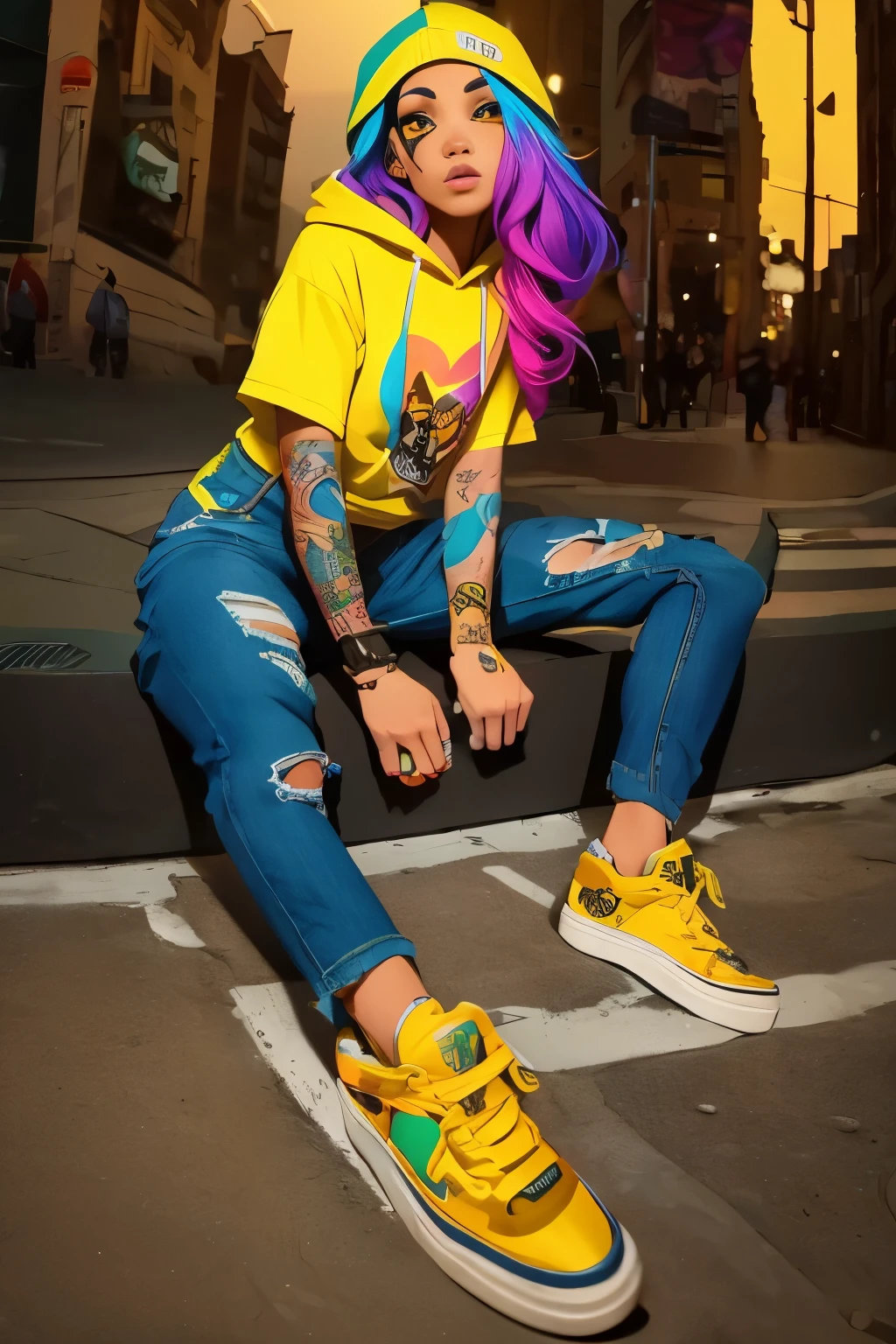 The most beautiful and sexy skateboard girl, rainbow colored hair, yellow eyes, wearing hoodie, graphic t-shirt, torn skinny jeans and highly detailed skateboard gear, tons of tattoos and piercings, highly detailed background, perfect masterpiece, high quality, high resolution