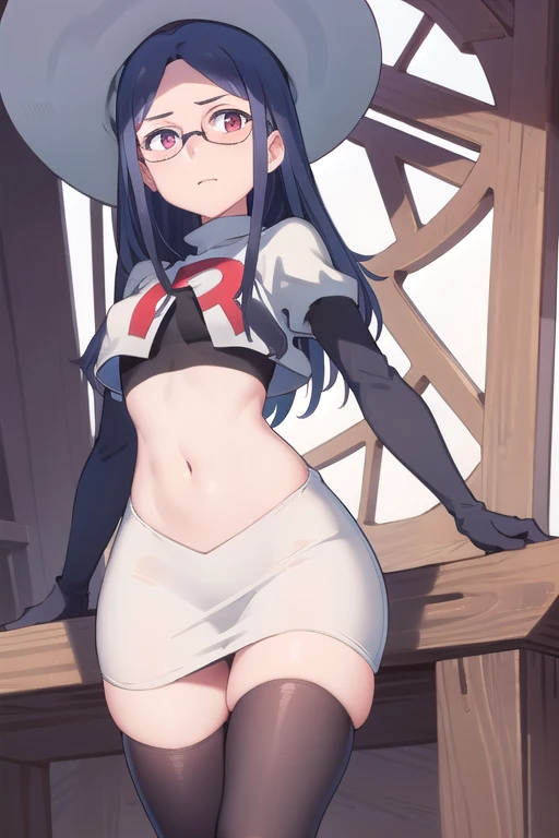 (((pixel-perfect, detail-perfect))), solo, 1girl, ursula callistis, witch, looking at viewer, glasses, team rocket,team rocket uniform,white skirt,red letter R,crop top,black thigh-highs,black elbow gloves, witch hat, cowboy shot,