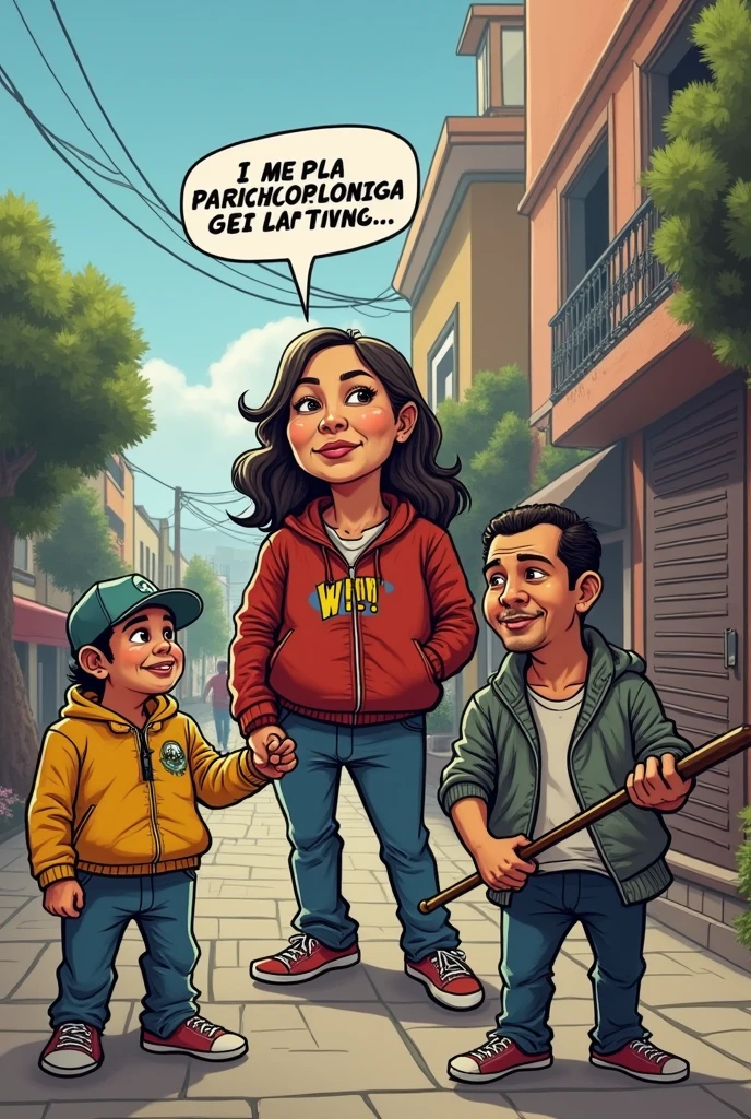 a drawing of a girl telling her mom dad and sister to say “hola, mi nombre es” in a talk bubble