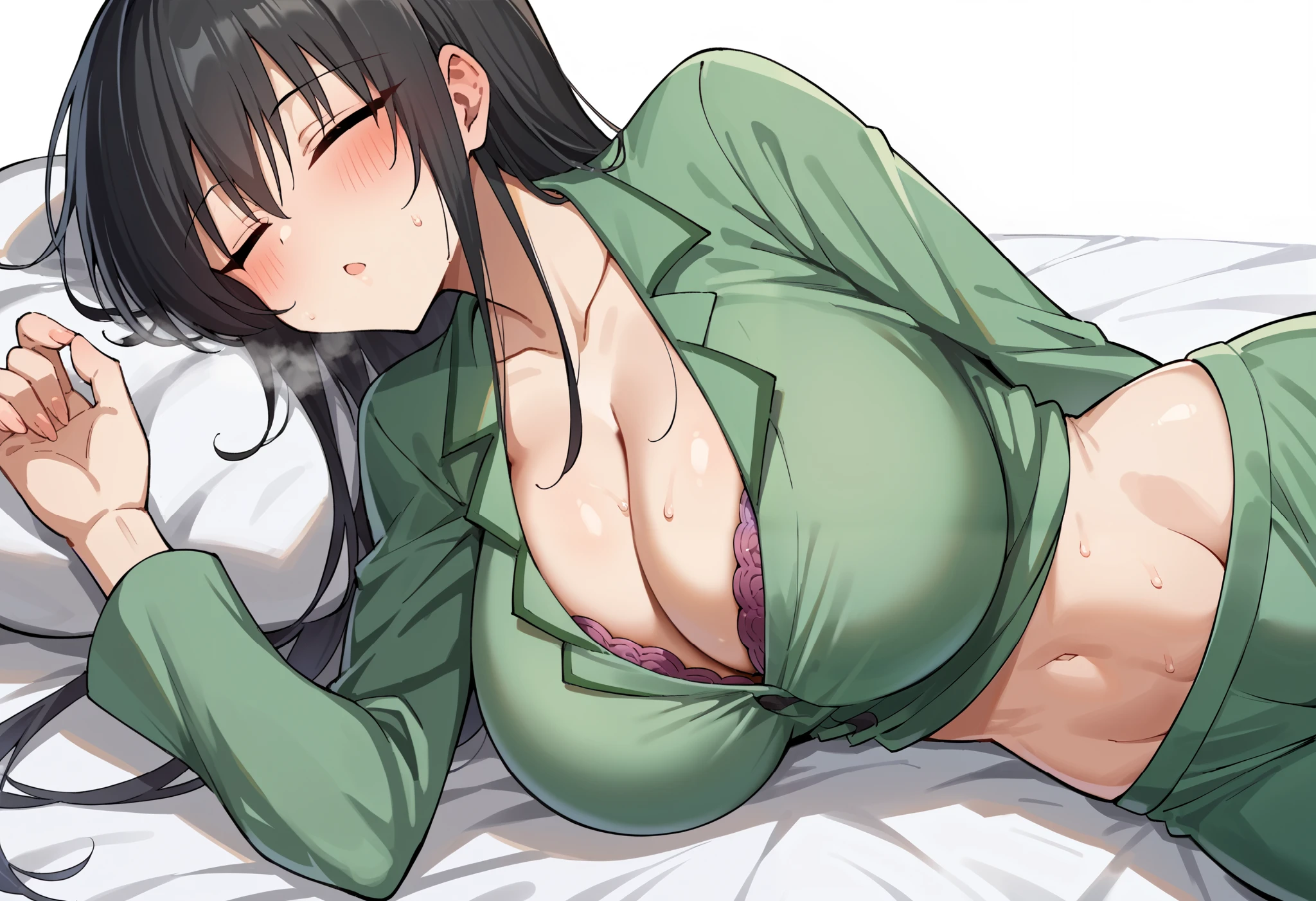 score_9, score_8_up, source_anime, BREAK 1girl,Alone,Kotegawayui, long hair, black hair,green pajamas,green pants,green pajamas shirt,peek bra,random situation,(large breasts),busty, big tits,(cleavage),(Delicate and big breasted),((Protruding breasts)),wide tits,huge breast,big tits,((skinny body)),(curvin waist),slender,( large breasts that are not suitable for a delicate body),(Beautiful breasts with firm shapes :1.2),((round breasts:1.2)),(perfect body:1.1),(( big boobs in clothes)),blush,sweat,breath,lying bed,sleeping,((perfect clothed:1.4),(from side),( sleeping on your side),Breasts are compressed 