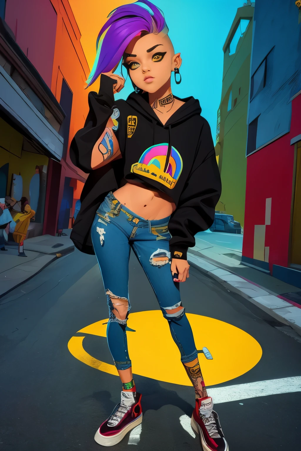 The most beautiful and sexy skateboard girl, rainbow colored hair, yellow eyes, wearing hoodie, graphic t-shirt, torn skinny jeans and highly detailed skateboard gear, tons of tattoos and piercings, highly detailed background, perfect masterpiece, high quality, high resolution