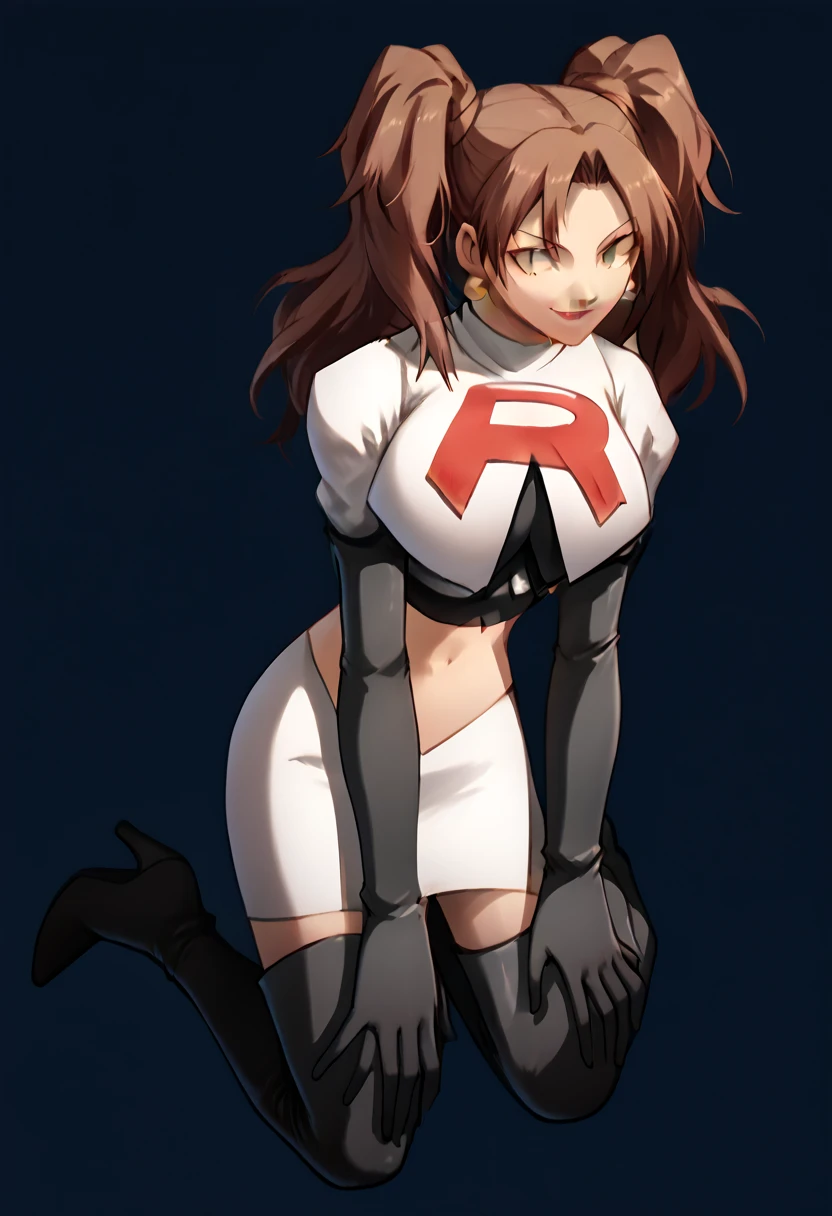 Team rocket, team rocket uniform, red letter R, white skirt,white crop top,black thigh-high boots, black elbow gloves, evil smile, night sky background, earrings, large breasts, high-heeled boots, rise kujikawa, brown hair, twintails