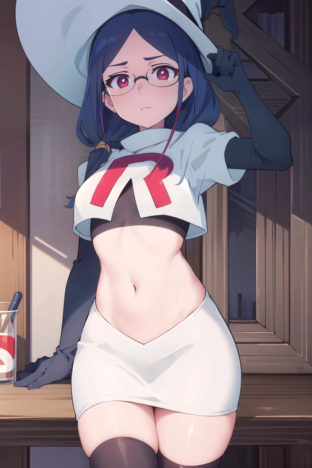 (((pixel-perfect, detail-perfect))), solo, 1girl, ursula callistis, witch, looking at viewer, glasses, team rocket,team rocket uniform,white skirt,red letter R,crop top,black thigh-highs,black elbow gloves, witch hat, cowboy shot,