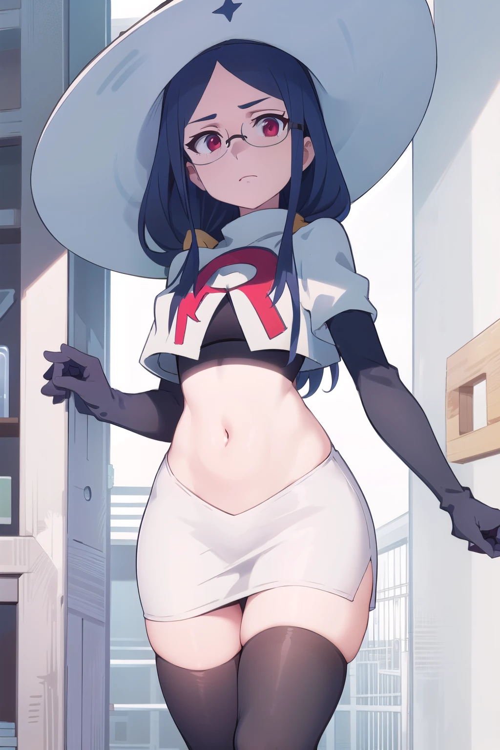 (((pixel-perfect, detail-perfect))), solo, 1girl, ursula callistis, witch, looking at viewer, glasses, team rocket,team rocket uniform,white skirt,red letter R,crop top,black thigh-highs,black elbow gloves, witch hat, cowboy shot,