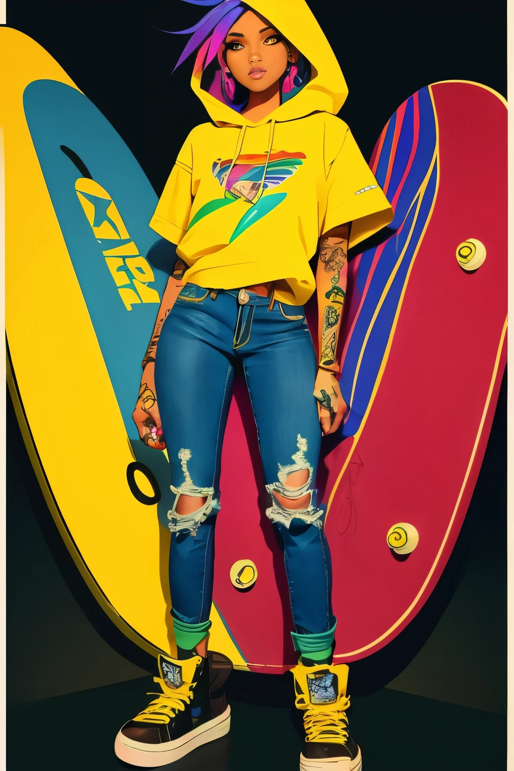 The most beautiful and sexy skateboard girl, rainbow colored hair, yellow eyes, wearing hoodie, graphic t-shirt, torn skinny jeans and highly detailed skateboard gear, tons of tattoos and piercings, highly detailed background, perfect masterpiece, high quality, high resolution