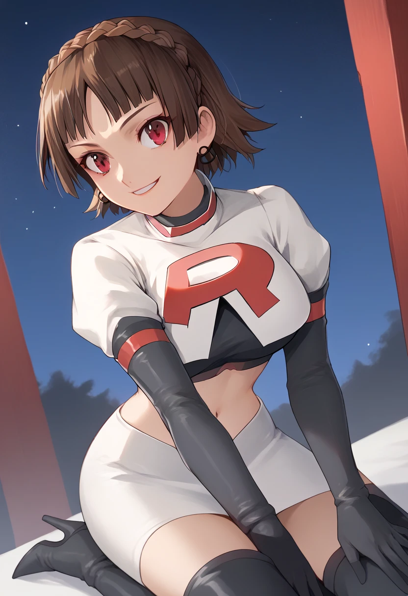 Team rocket, team rocket uniform, red letter R, white skirt,white crop top,black thigh-high boots, black elbow gloves, evil smile, night sky background, earrings, large breasts, high-heeled boots, Makoto niijima, brown hair, crown braid