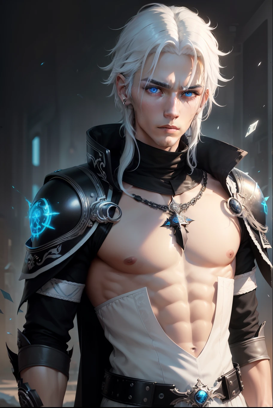 ((imagem perfeita)), ((rosto perfeito)), ((ultra detalhado)) ((corpo inteiro)) ((corpo perfeito)), a boy with white hair and blue eyes wearing a black and white outfit walking with his arms open with a silver sword shining like a blue star in the background, , ((imagem perfeita)), ((rosto perfeito)), ((ultra detalhado)) ((corpo inteiro)) ((corpo perfeito))